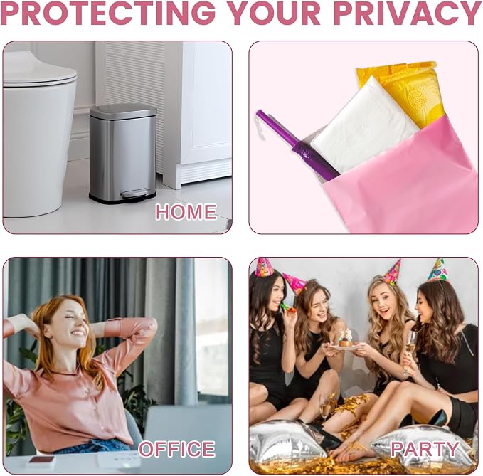 Disposable Sanitary Bags, 200 Pcs, Pink, Self-sealing, Odor-proof, Rectangular, Plastic, 10" x 6" Bags for Feminine Hygiene, Personal Waste, or Pet Waste
