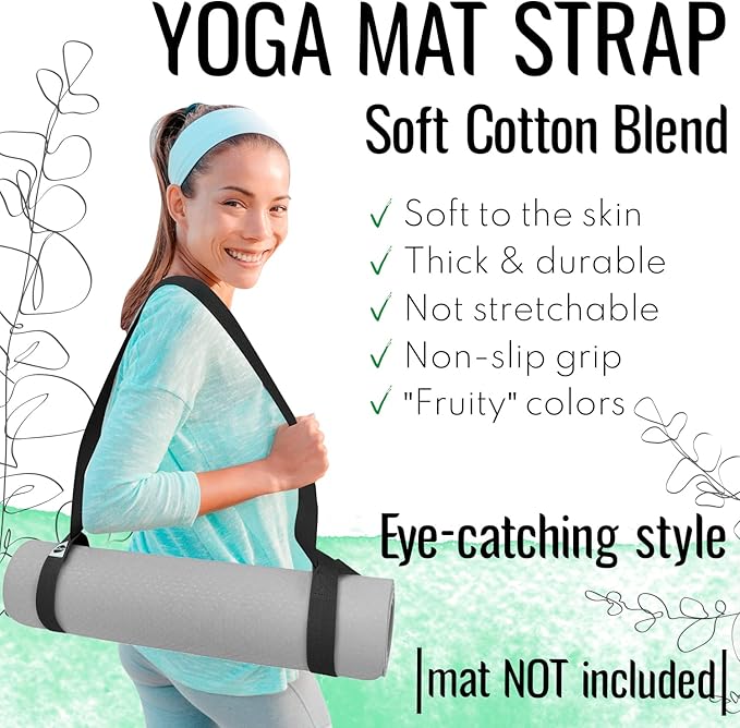 TECEUM Yoga Mat Strap – Extra Soft & Thick Cotton Carrier for All Mats | Adjustable Skin-friendly & Non-Slip Mat Holder Sling in 30+ Colors [Mat Not Included]
