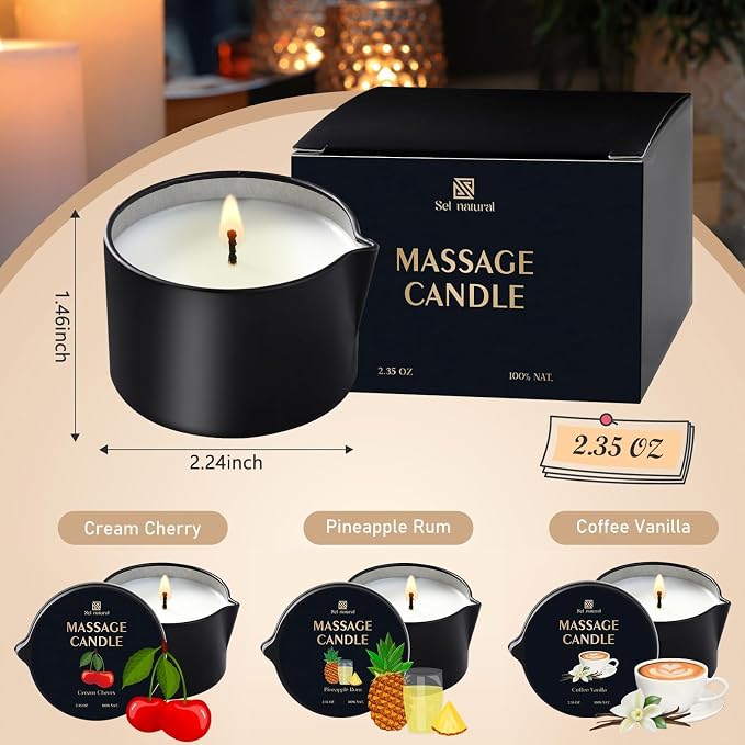 3 Pack Massage Oil Candles 2.35oz Low Temp Massage Candle Wax 3 Scent Spa Therapy Body Oil Valentines Gifts for Relaxation, Couples, or Self-Care (Cream Cherry, Coffee Vanilla, Pineapple Rum)