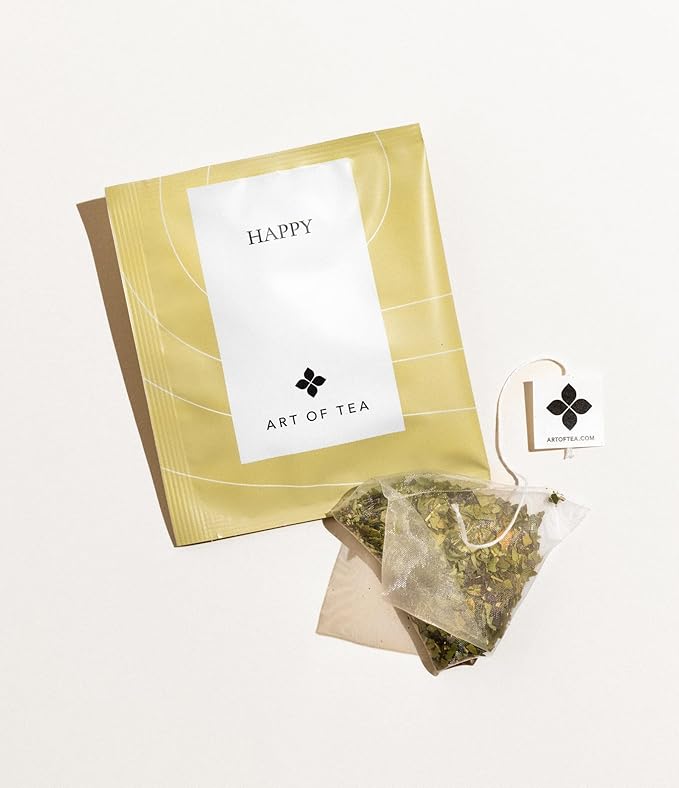 Art of Tea Happy Tea, 12 Individually Wrapped Sachets, Premium Green Tea Blend with Fruity Botanical Notes, Uplifting Caffeinated Tea Bags for Daily Wellness & Mood Rituals