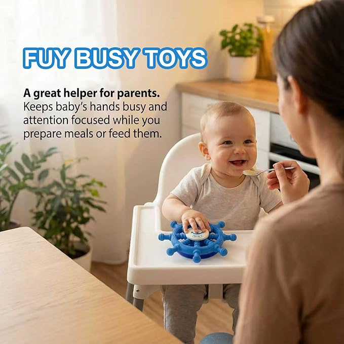 Baby Suction Spinner Toys for Bathtub, Silicone Toddler Bath & High Chair Toys for 1 Year Old Boy/Girl Birthday Gift, Interactive Ship Steering Wheel InfantToy for Car Window Travel