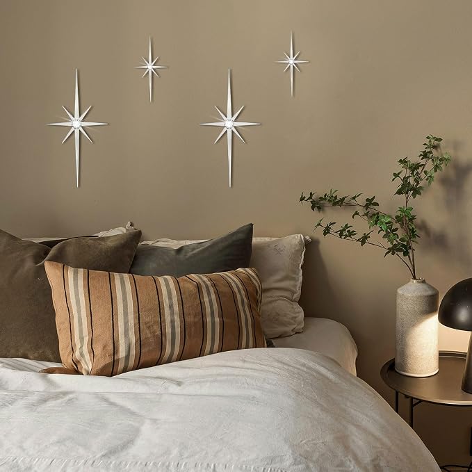 4 Pcs Star Wall Art for Home Decor Living Room Bedroom Office Metal 3D,Bling,with Hanging Hook Starburst Midcentury Sculpture Retro Gallery Accent Celestial -Silver 16.5in/9.4in