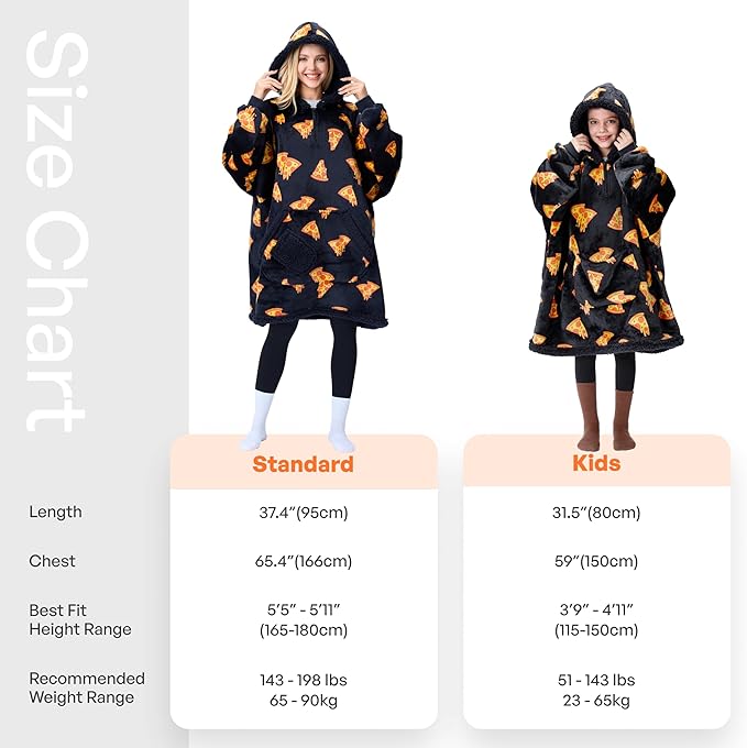 Giggling Getup Wearable Blanket Hoodie for Adults Gifts for Teen Girls Sister Women Sherpa Fleece Printed Hooded Blanket Sweatshirt Warm Cozy with Pocket & Sleeves Black Pizza