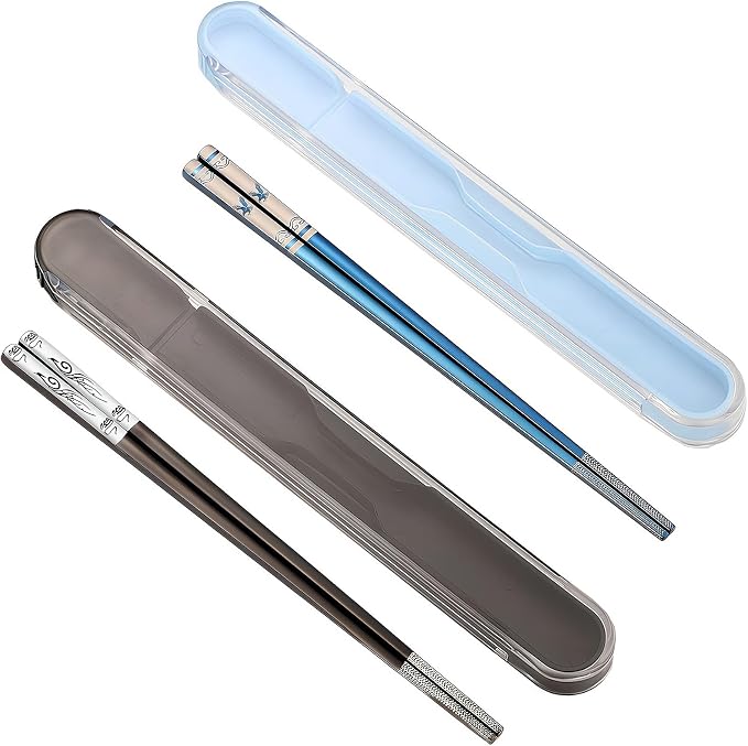 Stainless Steel Chopsticks with Case,2 Pairs Metal Blue Eagle Black Phoenix | Reusable,Portable,Come in a Set,Durable Case lightweight,Beginner friendly, Suitable for School,Home,Office,Bento Box