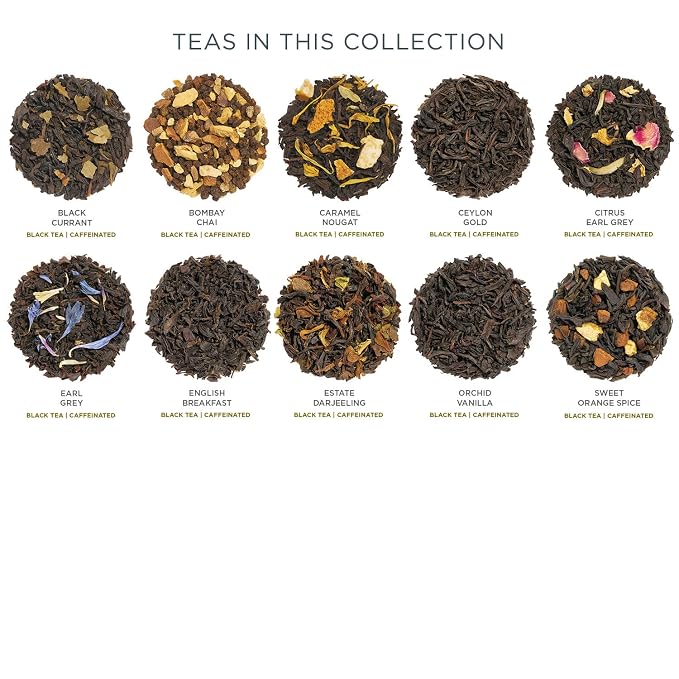 Tea Forte Premium Petite Presentation Box Gift Set Sampler, 10 Count, 2 of Each Blend Individually Wrapped Handcrafted Pyramid Infuser Bags, Black Variety