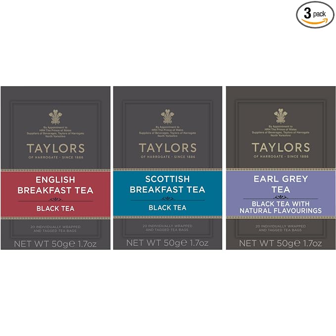 Taylors of Harrogate Black Tea Variety Pack, Individually Wrapped Bags, English Breakfast, Scottish Breakfast, Earl Grey 20 Count (Pack of 3), Caffeinated, Enjoy Hot or Iced, 60 Teabags