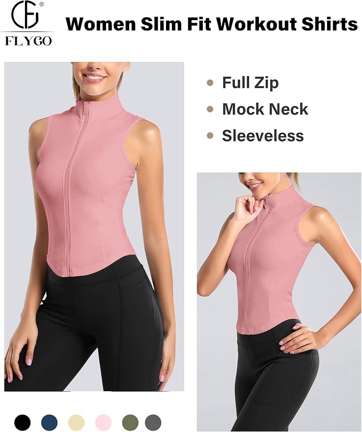 Flygo Women's Full Zip Sleeveless Workout Yoga Active Jacket Vest Golf Shirts