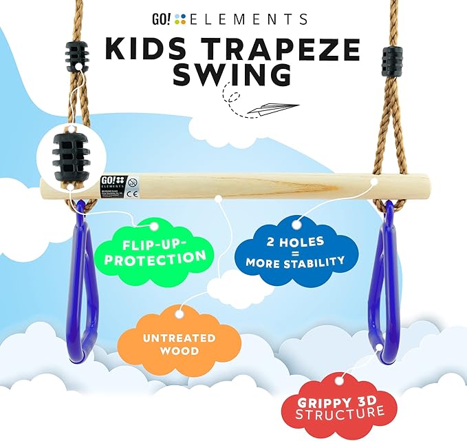Trapeze Swing Bar for Kids Indoor & Outdoor | Adjustable Trapeze Bar with Rings for Swing Set | Hanging Gymnastics Bar for Monkey Bars, Ninja Course & Play Set