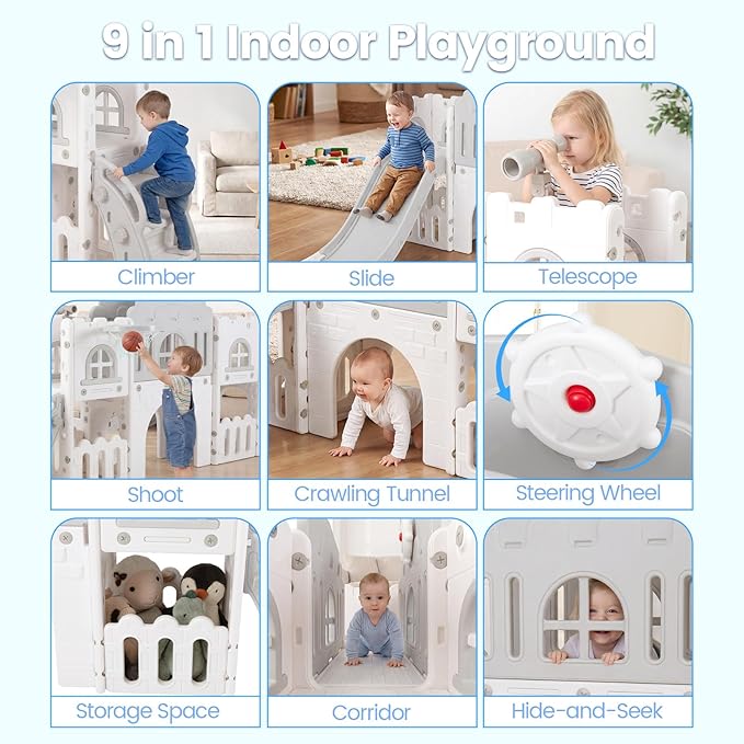 OLAKIDS Toddler Slide, 9 in 1 Kids Indoor Outdoor Playground with Climber Basketball Hoop Telescope Tunnel Corridor Toy Storage Steering Wheel for Boys Girls Aged 1+ (Grey)