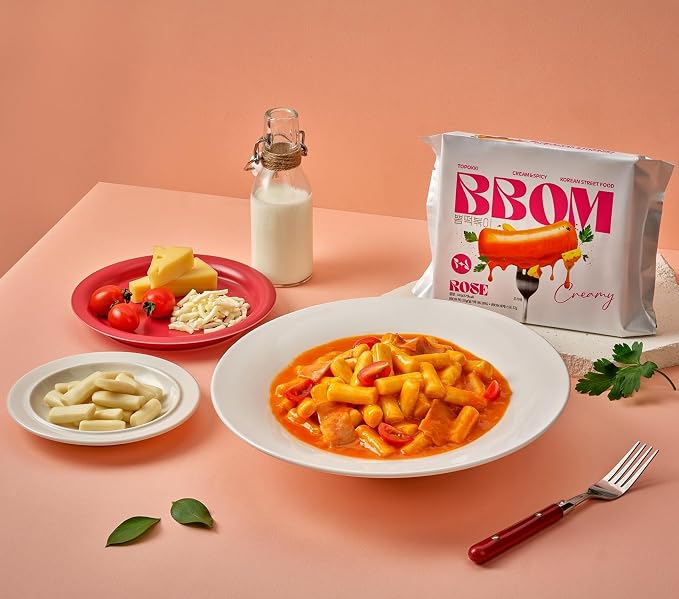 BBOM Instant Korean Tteokbokki Pouch – Sweet & Spicy Street Food – Easy and Convenient Preparation – Includes Tray, Rice Cakes & Powder Sauce, 3 Flavors_5.19oz (147g) x 2ea (Rosé)