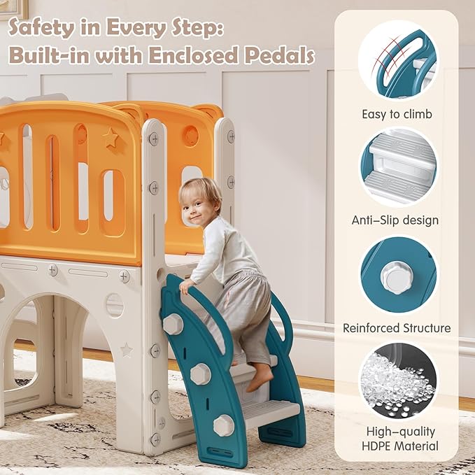kinbor 9 in 1 Toddler Slide Set - Kids Slide with Basketball Hoop, Bus-Themed PlaySet with Easy Climb Stairs & Storage, Toddler Indoor Outdoor Playground