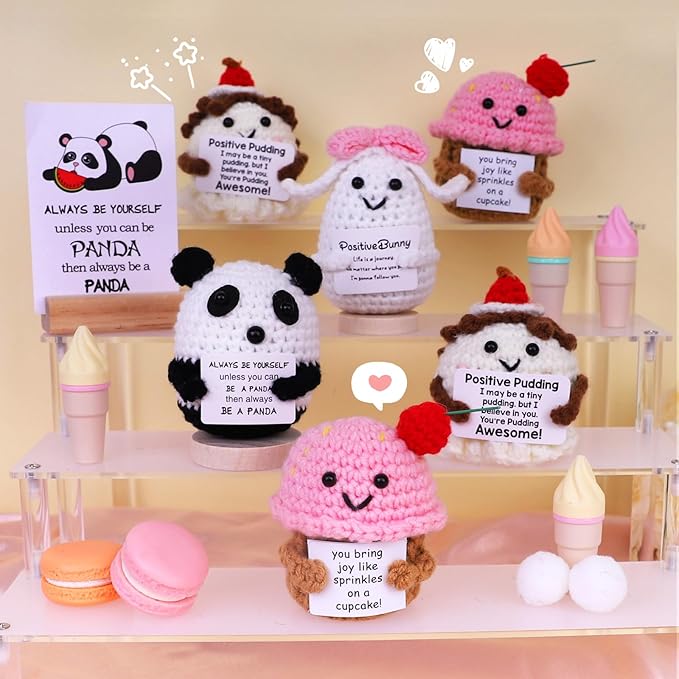 PARTY TONIGHT Mini Positive Crochet Animal Inspirational Gifts, Handmade Positive Pudding Crochet with Inspirational Card Positive Emotional Support Gift for Women Men Teacher Birthday Gift