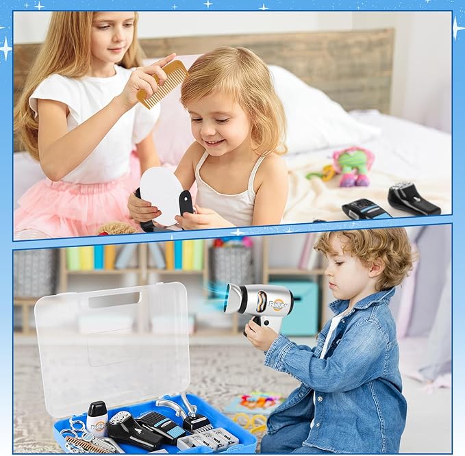 deAO Barber Shop Kids Shaving Kit for Boys Pretend Play Toy Hair Styling, Realistic Salon Role Play with Hairdryer, Shaving Tools, Barber Accessories with Case, Birthday Christmas Gift for Boys Girls