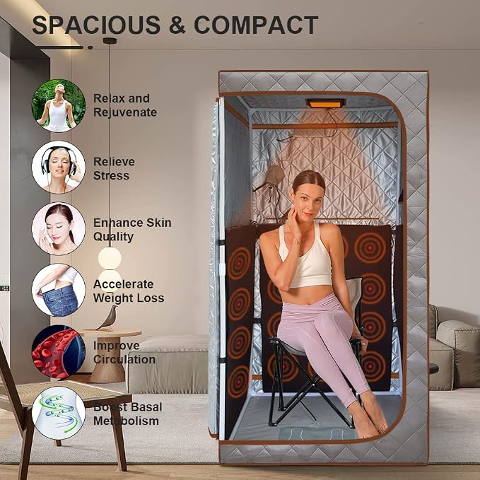 Portable Full Size Infrared Sauna, Personal Sauna for Home Spa, Home Spa Tent with Remote Control, Heating Foot Pad, Foldable Reinforced Chair, Detox Therapy (L 33.8" x W 33.8" x H 66.5")