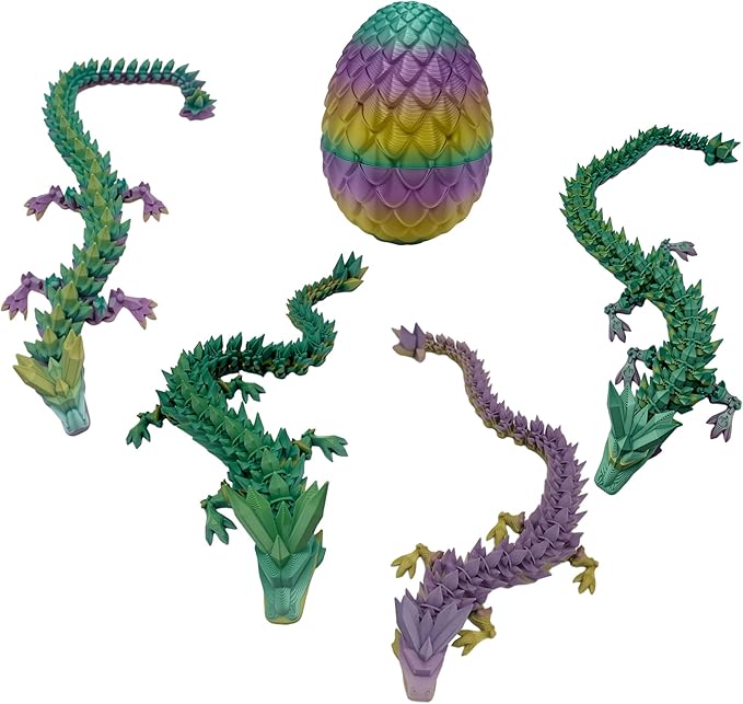 3D Printed Dragon Egg with Articulated Dragon Inside, Fidget Toys for Adults Stress Relief, Unique Home Office Desk Decor Crystal Easter Basket Stuffers (Rainbow)