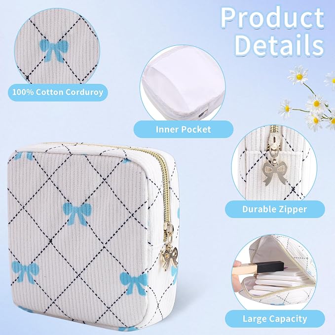 Period Bag for Women - Cute Corduroy Sanitary Napkin Storage Bag with Bow Design | Period Pouch for Daily Use, Travel | Discreet Menstrual Pouch | Pad Bags for Period Holds Pads, Tampons