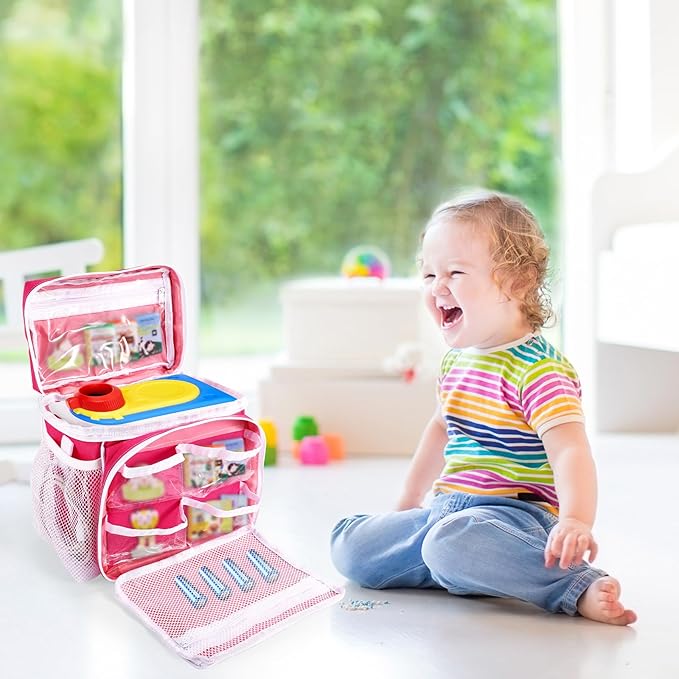 Portable Organizer Case Compatible with Little Tikes Story Dream Machine Starter Set, Oxford Cloth Toy Storage Bag with Shoulder Strap Handle Side Mesh Pockets Only Bag(Blue, Red & White)