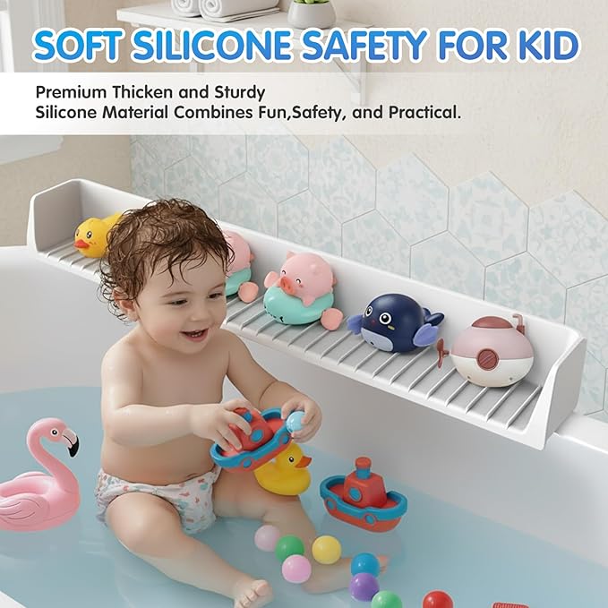 FOCHIER F Bathtub Splash Guard with Strong Suction Cups,2.7-FT Tub Splash Guard for Storage Toys,No Mess for Bath Time,Soft Silicone Tub Splash Guards, 1Pack,Gray