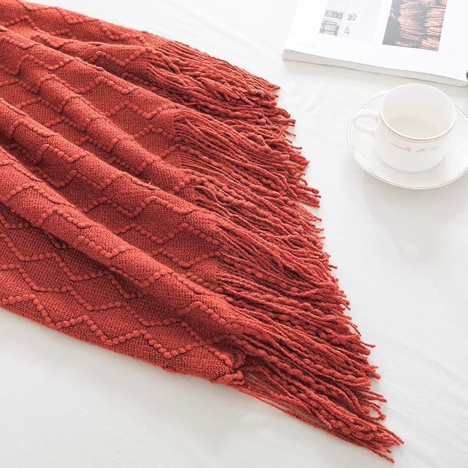 BOURINA Rust Throw Blanket 50x90 Inch Boho Knitted Soft Throw Sofa Blanket | Knitted Throw Blanket 50x90 Inches, Soft Lightweight Boho Weave Throw Decorative Couch Blanket for Living Room Bed Runner