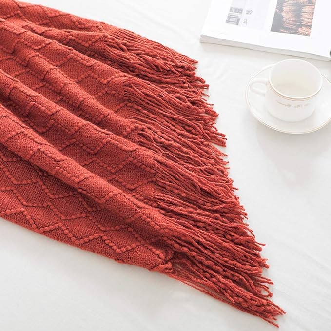 BOURINA Rust Throw Blanket 50x60 Inch Boho Knitted Soft Throw Sofa Blanket | Knitted Throw Blanket 50x60 Inches, Soft Lightweight Boho Weave Throw Decorative Couch Blanket for Living Room Bedroom Chair