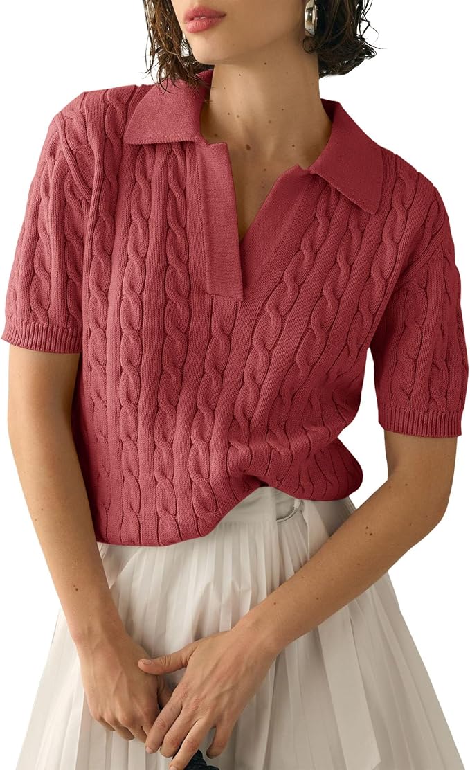 Imily Bela Womens Cable Short Sleeve Sweaters Tops Lapel V Neck Knit Shirt | Solid,Knit Casual,Soft Pullover,Fall Sweaters,Womens Summer Work Tops