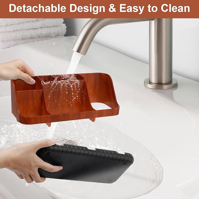 GFWARE Bathroom Decor and Accessories - Detachable 7 Slots Kids Electric Toothbrush and Toothpaste Holde for Bathroom Tray Countertop Vanity Storage, Bathroom Sink Storage Organizer, Red Wood