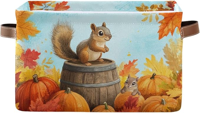 Aslsiy Storage Basket Fall Squirrel Pumpkins Maple Nursery Bins Blue Sky Baby Box Canvas Clothes Shelf Basket Laundry Hampers 1 Pcs