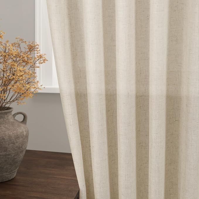 Nanspring Beige Linen Curtains 63 inches Long for Bedroom Back Tab Sheer Beige Curtains Modern Farmhouse Coastal Decor Cotton Textured Gauze Curtain for Bathroom 2 Panel Set 38x63