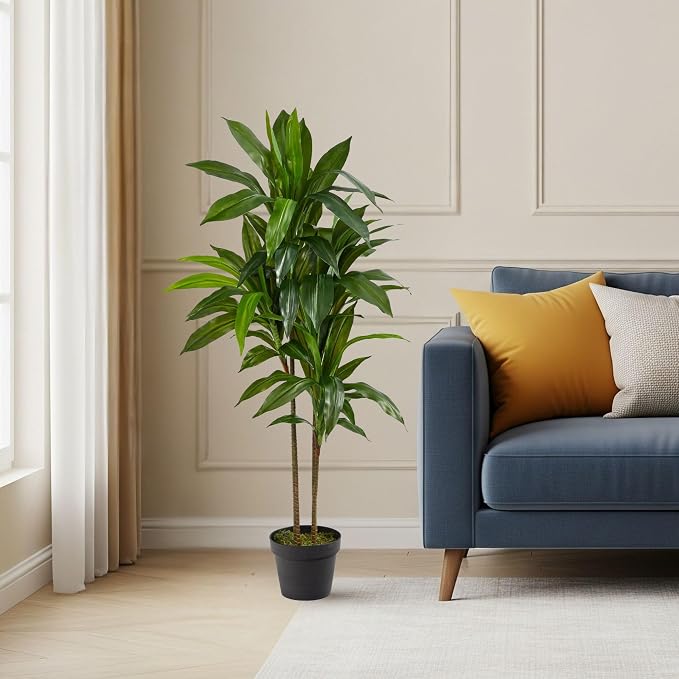 Nearly Natural 48 in Artificial Dracaena Real-Touch Plant with Pot | Multi-Tonal Trunks, Large Indoor Faux Tree, Maintenance-Free, Living Room and Office Decor