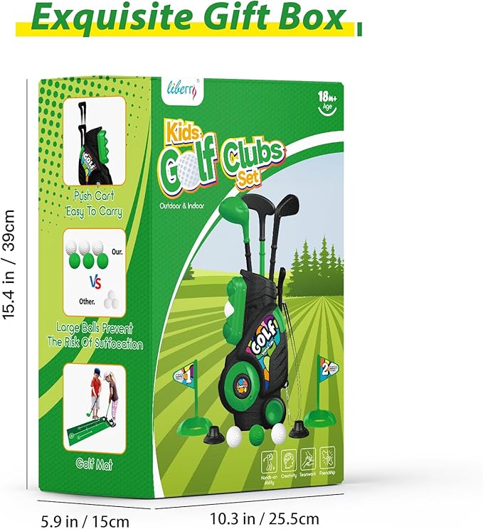 Liberry Toddler Golf Set with Putting Mat for Boys Girls Age 2 3 4 5, Upgraded Kids Golf Cart with Shoulder Strap Design, Outdoor Indoor Sports Toys for Birthday, Black