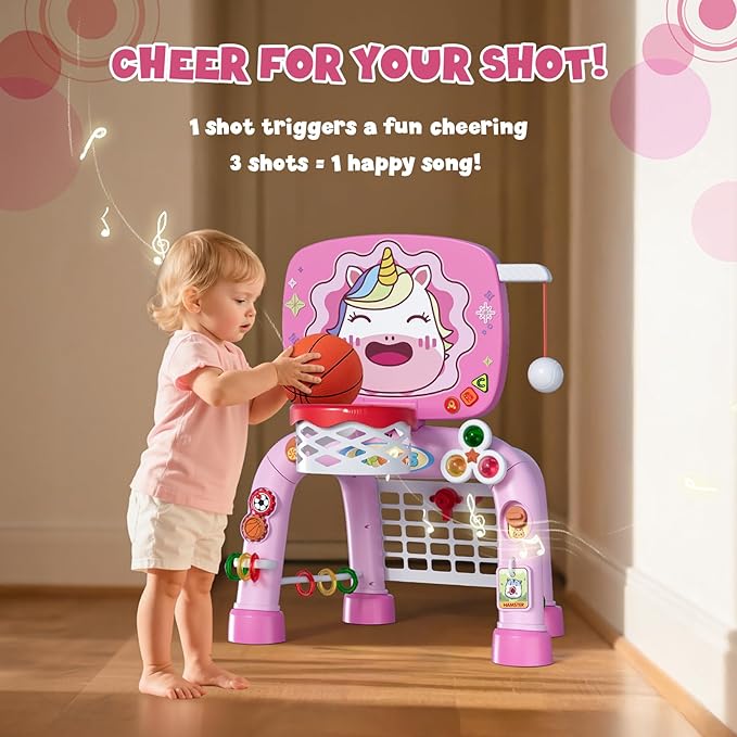 Toddler Basketball Hoop Tball Set & Soccer Goal - Unicorn Sport Toys for 1 Year Old Girl with Learning Activities (Abacus/Alphabet/Animals Sounds) Christmas Birthday Gifts for Baby Girl Age 1 2 3