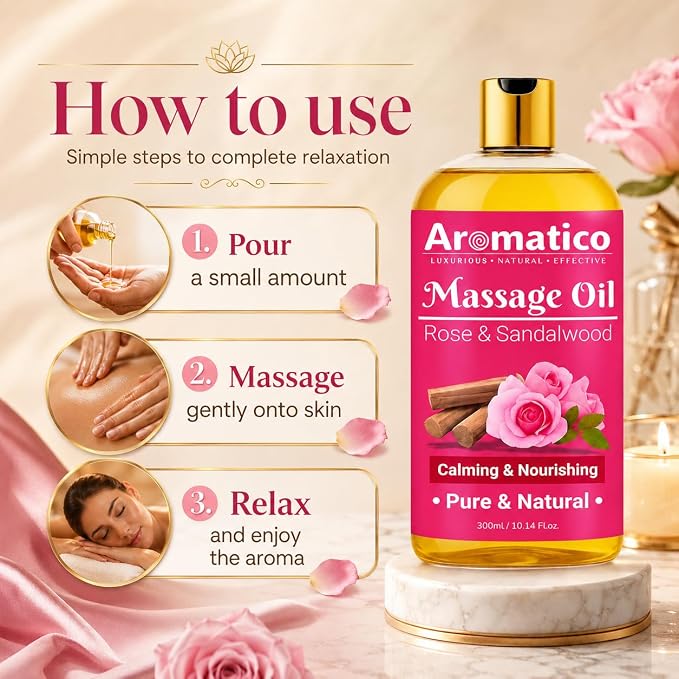 Aromatico Rose & Sandalwood Massage Oil for for Men & Women-10.1 fl oz | Lightweight Non-Greasy Body Oil for Massage & Daily Body Care, Fast-Absorbing Moisturizing Oil with Warm Floral Aroma