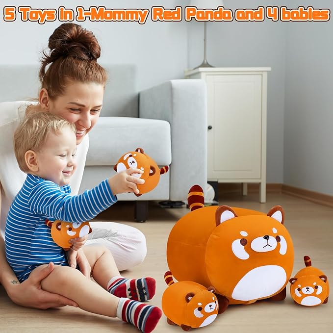 5 PCS Red Panda Plush Toys-Red Panda Plush Stuffed Animal Family, Cute Red Panda Mommy with 4 Baby Red Panda Plushies for Kids, Kawaii Red Panda Anime Plush Toy Birthday Gifts for Kids Boys Girls