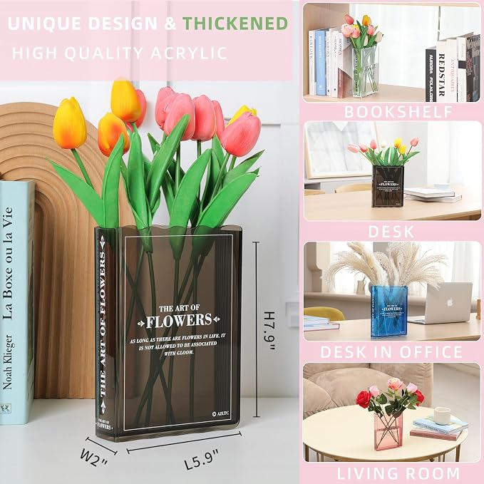 Book-Shaped Flower Vase, Cute Unique Black Vase for Home Bookshelf Decor | Acrylic Flowers Vases,Must-Have for Home, Bookshelf, Bedroom, Office Decor for Women, Teacher Gift - Like Mothers Day