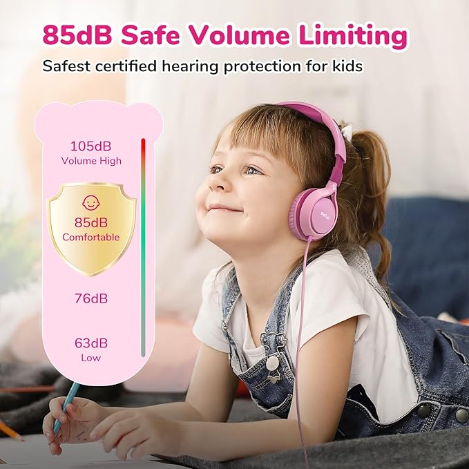 EarFun S1 Kids Headphones, Foldable Wired Headphones for Kids, 85dB Volume Limit, Stereo Sound, Adjustable Headband, Portable Lightweight On-Ear Headphone for School/Travel/Boys/Girls/PC, Pink