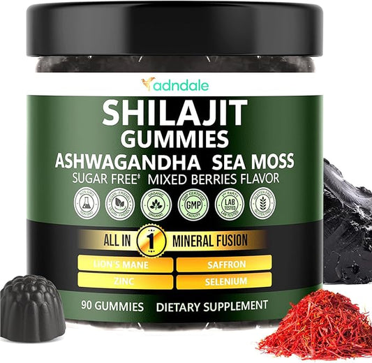 Adndale Himalayan Natural Shilajit Gummies for Men & Women, Sugar-Free Mixed Berries Flavor - with Ashwagandha, Sea Moss, Lion’s Mane & Saffron + Zinc & Selenium - 90 Gummies (45 Servings)
