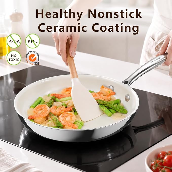 SAKAMOSH 9.5" Nonstick Ceramic Frying Pan, Tri-Ply Stainless Steel, White | Non Toxic, PFAS PFOA PTFE Free, Stay-Cool Handle, Dishwasher & Oven Safe, Induction Compatible
