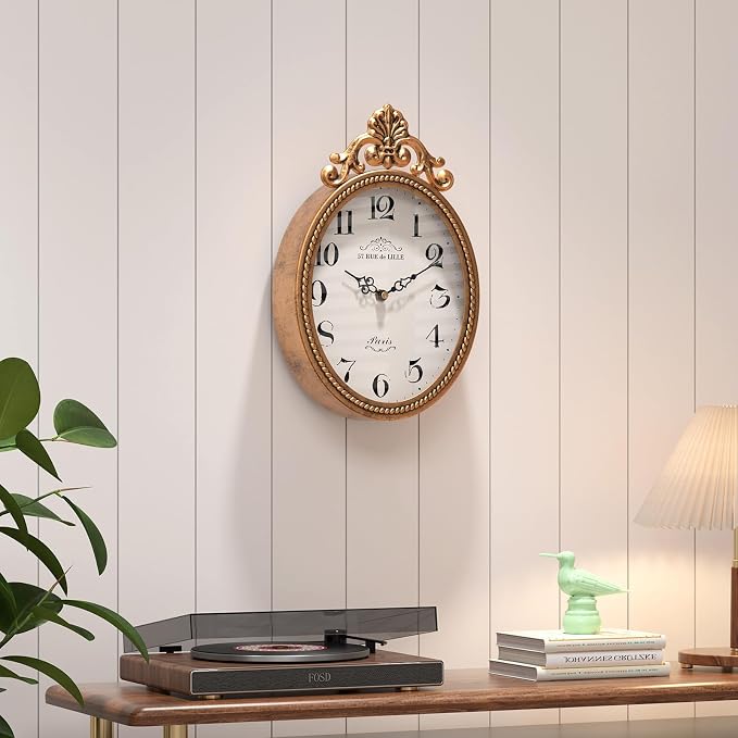 Abdurey Small French Retro Decor Wall Clock,Antique Gold Vintage Oval Style | Silent Battery Operated Boho Decorative Wall Clocks for Farmhouse,Kitchen,Bedroom,Bathroom(10.4"H x 6.7"W)