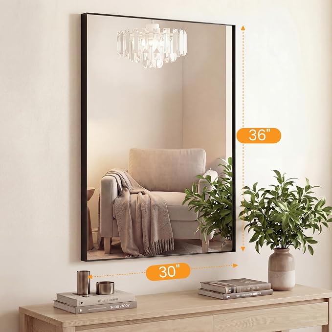 Sweetcrispy Bathroom Mirrors for Over Sink, 30" x 36" Rectangle Wall Mount Mirror with Metal Frame, Modern Vanity Mirror with Tempered Glass, for Home Decor, Anti-Rust, Black