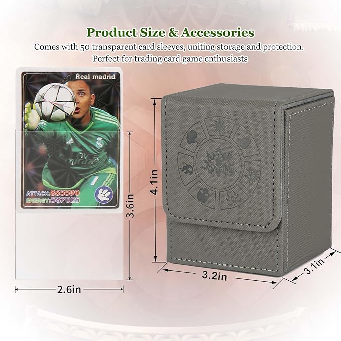Arkeiliy MTG Deck Box with 50 Pcs Card Sleeve, 110+ Card Storage Leather Deck Box for Magic Commander, Collectible Trading Card Cases for Trading Card Games (Grey)