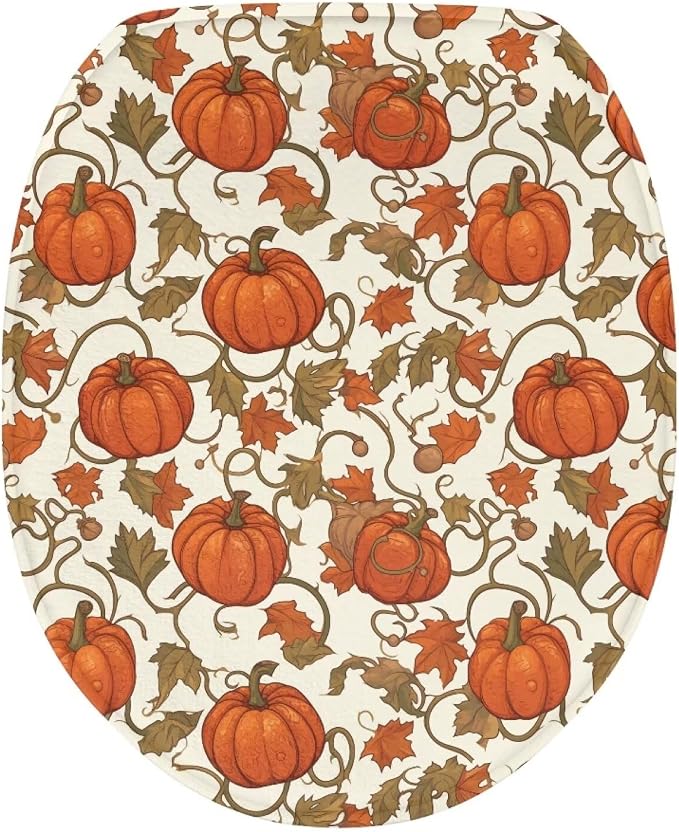 Toilet Seat Cover, Bathroom Accessories Elastic Band at The Bottom Toilet Lid Cover, Comfortable and Dustproof Toilet Seat Cover-Pumpkins With Maple Leaves