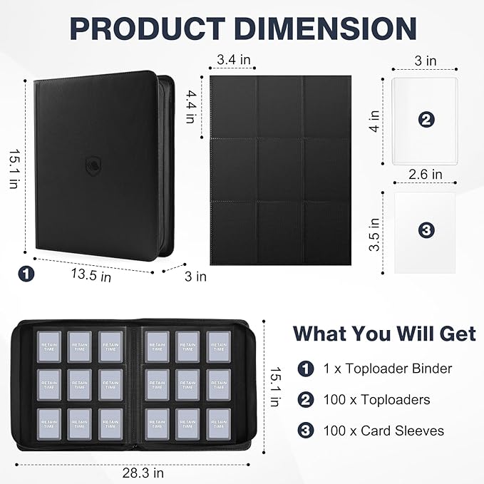 Toploader Binder, Holds 360 Toploader, 100 Toploaders INCLUDED, 9-Pocket PU Cover Top Loader Binder for 3" x 4" Rigid Toploaders, Ringless Double-Sided Toploader Card Binder for TCG, Sport Cards