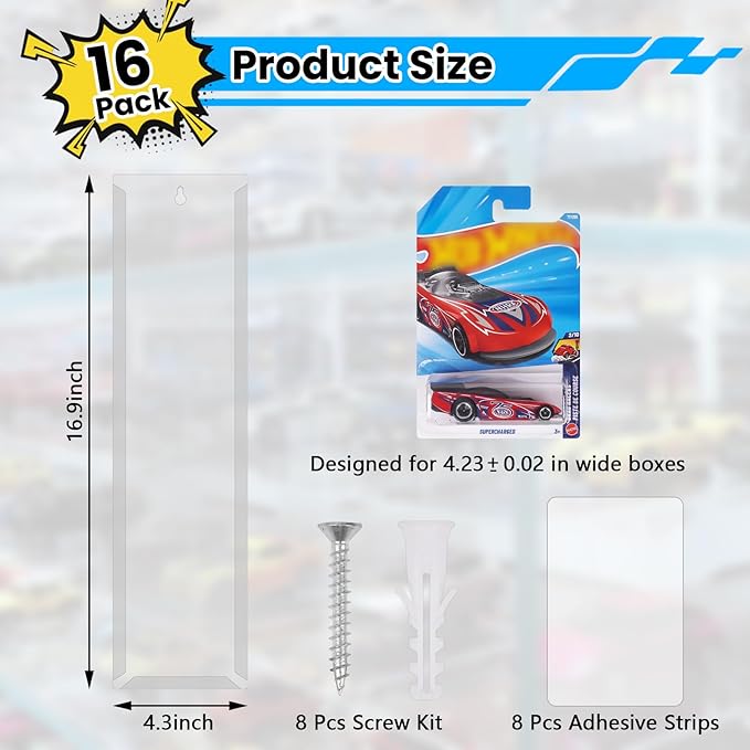 16 Pack Clear Display Case for Hot Wheels Storage, Model Cars Display Case Wall Mount, Plastic Wall Storage for 1:64 Scale Models Hot Wheels Display