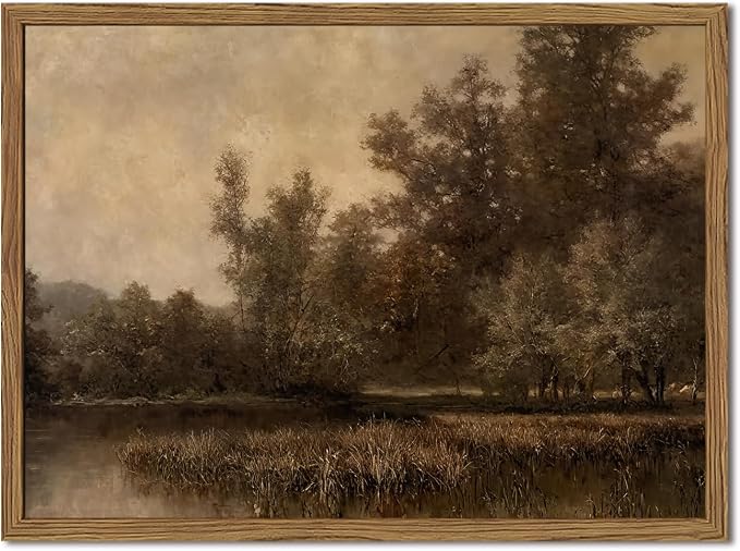 Framed Vintage Landscape Canvas Wall Art, Rustic Forest Lake Wall Decor Paintings, Retro Country Nature Pictures Prints Aesthetic Home Decor for Living Room Bedroom Office Farmhouse 12x16 inch