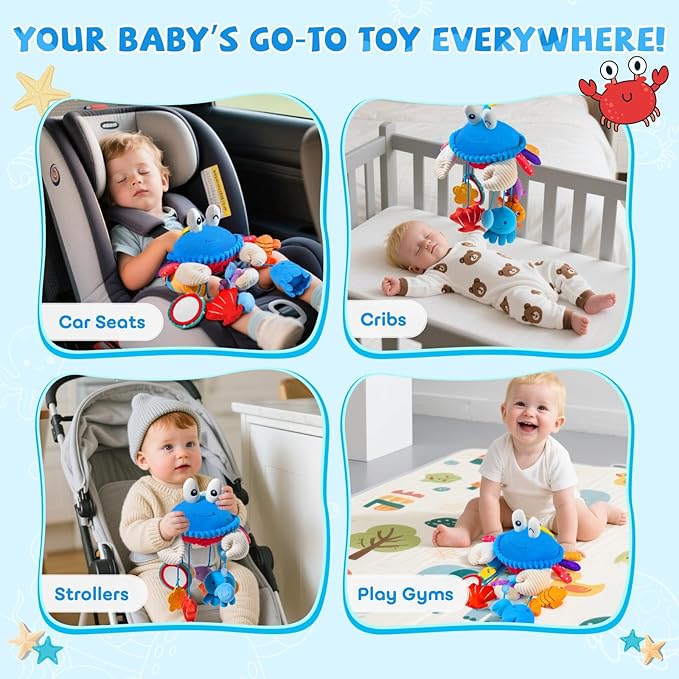 Car Seat Toys for Babies 0-6 Months, Hanging Sensory Crab Plush Toy for Stroller, Crib & Play Gym, Clip-On Montessori Infant Activity Toy with Mirror, Rattle & Teether, Newborn Baby Gifts 0-12 Months