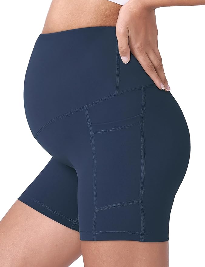 POSHDIVAH Women's Maternity Yoga Shorts Over The Belly Bump Summer Workout Running Active Short Pants with Pockets 5"/8"