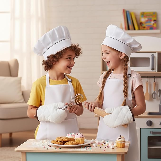 Kids Apron and Chef Hat Set, Adjustable DIY Children Apron Cooking Baking Set Dress Up and Pretend Play Dress Up Clothes for Cooking Classroom Baking Painting (White)