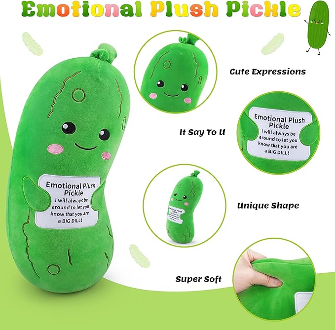 Emotional Plush Pickle-20” Pickle Stuffed Animal,Food Plushies Cucumber Stuffed Animal with Positive Warm Words,Kawaii Plush Toy Kids Birthday Gifts,Adult Vegetable Lover Plushie Pillow