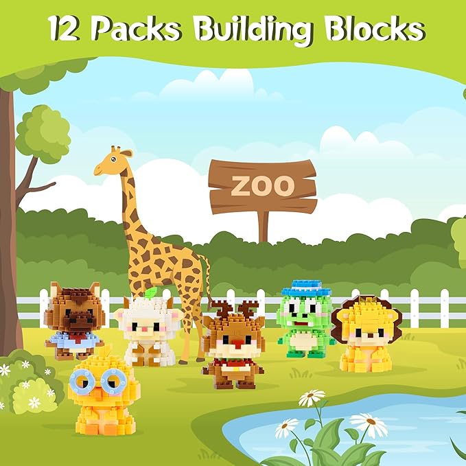 12 Pack Mini Building Blocks, Building Toys Set or Kids, Toy Building Sets, Mini Building Block Sets for Boys or Girls 6+ (Animals)