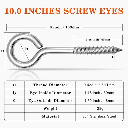 8Pcs Self Tapping Eyelet Screw Eye Bolt，6 Inch Heavy Duty Screw Eyes Hooks ，M10 Wooden Large Screw Eye Hook，Load Capacity 800 Lbs for Hammock ，Yoga，Heavy Indoor Outdoor Uses (8, M10-6 INCH)